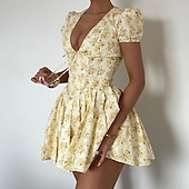 abordables Robes fleuries décontractées-Femmes Mini Robe Robe Décontractée Robe Fleurie Mode Robe élégante Extérieur Soirée Fête Coupe régulière Fleur Manche Courte Col en V Jaune Été