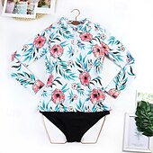 preiswerte Hautausschlagswächter-Damen Rash Guard Badeanzug UV-Sonnenschutz UPF50+ Langarm Bademode Badeanzug Frontreißverschluss Schwimmen Surfen Strand Wassersport Blumenmuster Tropisch Sommer Frühling