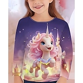 billiga Flickans 3D-tecknad film-Flickor 3D Enhörnings T-shirt Långärmad Vår Höst Mode Grundläggande Barn 4-12 år Rund hals Utomhus Ledigt Dagligen Normal