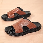 cheap Vacation Sandals-Men&#039;s Copper Faux Leather Slide Sandals with Embossed Crocodile Pattern and Black Cushioned Sole – Stylish Slip-On Sandals for Indoor Lounge, Poolside Relaxation, or Resort Wear
