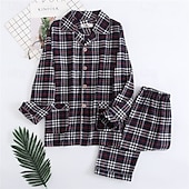 billiga Pyjamas-Herr Sovkläder Pyjamas set Pyjamastopp och byxa 1set Rutig Mode Stylish Klassisk Hem Dagligen Säng Bomull Komfort Mjuk Kavajslag Långärmad Cardigan Byxa Elastisk midja Vår Höst Vit + Svart Marinblå