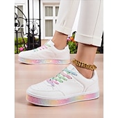baratos Ténis de mulher-Tênis feminino branco e rosa com plataforma de glitter arco-íris, calçado casual com cadarço para uso diário e encontros