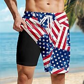お買い得  独立記念日ボトムス-アメリカ独立記念日 男性用 米国旗 愛国 裏地付きショートパンツ 2 in 1 スイムショーツ スイムトランク ミディアムウエスト 祝日 サイドポケット コンプレッションライナー付き 伸縮性のあるドローストリングウエスト デザイナー 衣類