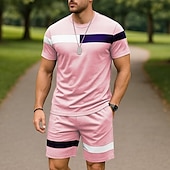 cheap Men&#039;s Tee Sets-Men&#039;s T-shirt Suits 2 Pieces Outfits Tee &amp; Shorts Short Sleeve Crew Neck Summer Color Block Fashion Casual 2 Piece Vacation Daily Wear Going out Black White Pink Top Tee for Men