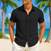 preiswerte Urlaub-Herren Hemd Leinenhemd Sommerhemd Durchgeknöpft Hemd Freizeithemd Strandhemd Einfarbig Urlaub Lässig Schwarz Weiß Rosa Grün Kurzarm Kragen Sommer Bekleidung