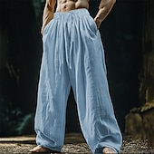 cheap Retro-Men&#039;s Linen Pants Trousers Summer Pants Beach Pants Pocket Drawstring Elastic Waist Plain Comfort Breathable Vacation Daily Holiday Hawaiian Boho Black White
