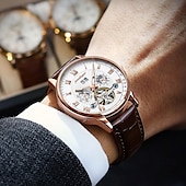 abordables Relojes mecánicos-Reloj mecánico automático hueco de lujo resistente al agua con fecha. &amp;Reloj de cuero de moda para hombre, reloj de negocios para hombre, reloj de ocio.