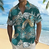 billige Tropiske planter-Herre Palmeblad Tropiske planter Hawaii skjorte Skjorte med knapper Aloha skjorte Kortermet Hawaiisk Ferie Strand Klær Sommer Vår Aftæpning 3D-utskrift krage skjorter Front One Lomme Svart Grønn