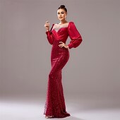 abordables ROUGE-Robe de soirée noire cravate noire robe élégante mariage invité longueur au sol manches longues col rond sequins avec plis