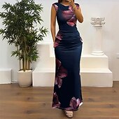 Women's Long Dress Maxi Dress Casual Dress Sheath Dress Fashion Outdoor Party Holiday Regular Fit Flower Short Sleeve Crew Neck Dark Blue Summer4