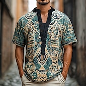 Men's Geometric Tribal T Shirt Henley Shirt Tee Short Sleeve Designer Basic Ethnic Outdoor Casual Daily Summer Blue Henley Henley T-Shirt4
