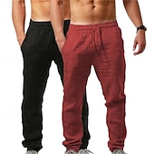 baratos Clássico-Pacote com 2 calças de linho masculinas, calças de verão, calças largas, calças de praia, cordão, cintura elástica, lisas, confortáveis, respiráveis, comprimento total, uso ao ar livre, diário, moda de férias, estilo clássico, branco + azul celeste