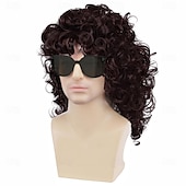 levne Historické paruky-Hnědé kudrnaté mullet paruky pro muže 80. let dlouhé kudrnaté hippie rockové kostýmy cosplay paruka Halloweenské paruky