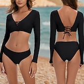 abordables Maillots une pièce et tankinis-Femmes Tankini Maillot De Bain Deux Pièces Dos Nu Maillot de Bain Couleur Unie Maillots de Bain Noir Respirant Séchage Rapide manche longue - Natation Surf Plongée en apnée Été
