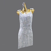 abordables robe de compétition-Robe de danse latine salsa à paillettes et pompons pour femme, tenue de soirée rumba chacha, sans manches