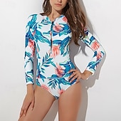 baratos Rash Guards de Uma Peça-Mulheres Anti Atrito roupa de banho Tropical Zíper Frontal Proteção Solar UV UPF50+ Secagem Rápida Manga Longa Roupa de Banho Roupa de banho Surfe Praia Esportes Aquáticos Verão