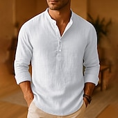 cheap Cotton Linen Shirt-Men&#039;s Shirt Linen Shirt Popover Shirt Casual Shirt Cotton Shirt Plain Vacation Hawaiian Dark Pink Black White Khaki Long Sleeve Band Collar Spring Fall Clothing Apparel