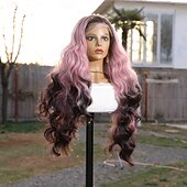abordables Pelucas del cordón sintéticas-Peluca de encaje sintético Ondulado Grande Estilo 30 pulgada Rosa Parte media Cierre 4x13 Peluca Mujer Peluca Rosa + Red