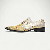 cheap Premium Leather Loafers-Men&#039;s Gold and White Floral Design Dress Shoes–Elegant Formal Footwear for Weddings and Gala Events