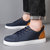 cheap Casual Sneakers-Men's Premium Navy Blue and Orange Faux Leather Sneakers with Fashionable Color Accents for Casual and Athletic Wear