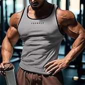 billiga Gym-toppar-Herr Linne Undertröjor Ärmlös tröja Ärmlös Rund hals Sommar Bokstav Mode Designer Grundläggande Lappverk Semester Gata Utekväll Svart Vit Rubinrött Topp t-shirt för män