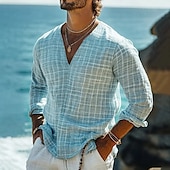 preiswerte Urlaub-Herren Hemd Leinenhemd Popover-Hemd Sommerhemd Strandbekleidung Karomuster Urlaub Straße Blau Langarm V Ausschnitt Sommer Frühling Bekleidung