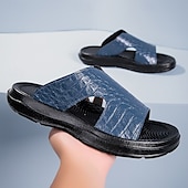 cheap Vacation Sandals-Men&#039;s Copper Faux Leather Slide Sandals with Embossed Crocodile Pattern and Black Cushioned Sole – Stylish Slip-On Sandals for Indoor Lounge, Poolside Relaxation, or Resort Wear
