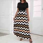 preiswerte Streifen- und geometrisches Kleid-Damen Maxikleid A Linie Kleid Sommerkleid Lässig Täglich Normale Passform Geometrisch Kurzarm Rundhalsausschnitt Gelb Sommer