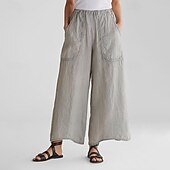 abordables Pantalón liso de lino y algodón-Mujer Pantalones de lino y algodón pantalones Moda Ropa de calle Longitud total Cintura Media Plano Bolsillo Cintura elástica Confortable Al Aire Libre Cómodo Vacaciones Noche Negro Verde Ejército