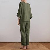 voordelige Stelt in-Dames Actief Basic Katoenen linnen overhemden Blouse Broeken Sets Lange mouw Strakke ronde hals Effen Kleur Buiten Uitgaan Blozend Roze Leger Groen Beige Zomer Normale pasvorm
