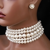 abordables Conjuntos de joyas-Conjuntos de joyas nupciales, 1 juego de pendientes de aleación de perlas de imitación, collar, elegante conjunto de joyas artísticas sencillas para mujer para bodas, cumpleaños y vacaciones.