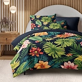 baratos 100% algodão-Cobertor de Edredom de Plantas Tropicais 100% Algodão Conjunto de Cama Tamanho Casal Cobertura de Colchão Macia Confortável e Leve com 2 Fronhas para Todas as Estações