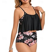 abordables Maillots une pièce et tankinis-Femmes Tankini Maillot De Bain Deux Pièces Dos nageur Maillot de Bain Floral Maillots de Bain Noir Rose Claire Respirant Séchage Rapide Sans manches - Natation Surf Plongée en apnée Été