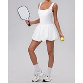 cheap Women's Tennis Dress-Women's Solid Colored Tennis Dress with Built in Shorts and Bra Sports Dress Sleeveless Pleated Tennis Golf Pickleball U Neck Dress Black White Yellow Spandex Tennis Clothing