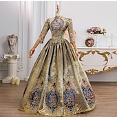 billiga Klänningar-Vintage Rokoko Renässans Maxi Klänningar Vanligt Juliet ärm Prinsessa Brud Plisserad Med volanger Prinsessa Rund hals Maskeradkläder Dam Halloween Karnival Maskerad Prestanda Fest Halloween Vuxen