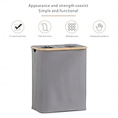 abordables Bac de recyclage-Poubelle de recyclage à double trou en tissu Oxford, panier à linge à cadre en bambou de 140 l avec couvercle et 2 sacs intérieurs en polyester, poubelle d&#039;intérieur pliable et conteneur de recyclage
