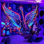 preiswerte Blacklight -Wandteppiche-Schwarzlicht Wandteppich Leuchtet im Dunkeln Glow Party UV Reaktiv Cyber Gitarre Trippy Nebel Moderne Stadtansicht Hängender Wandteppich Wandkunst Wandmalerei für Wohnzimmer Schlafzimmer