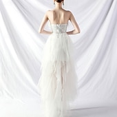 cheap Semi-formal / Cocktail-A-Line Quinceanera Dresses Elegant Dress Formal Wedding Asymmetrical Sleeveless Strapless Tulle Backless with Feather Embroidery