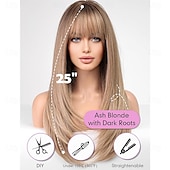 economico Parrucche trendy sintetiche-parrucche lunghe e lisce per donne con frangia a strati, parrucche sintetiche biondo cenere con radici scure per donne
