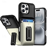 رخيصةأون جرابات آيفون-جراب هاتف ملون مقاوم للصدمات لهاتف iPhone 16 Pro Max Plus / 15 / 14 / 13 / 12 Pro Max - فتحة بطاقة منزلقة مع مسند، غطاء خلفي من الكمبيوتر الشخصي