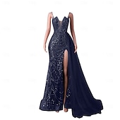 baratos CINZA-Sereia  Vestido de Noite Trompete Vestido Elegante Festa de Gala Traje de Corte Sem Mangas Alças Finas Com Lantejoulas e Pérolas