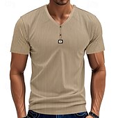cheap Casual Henley Tee-Men&#039;s T Shirt Henley Shirt Tee Short Sleeve Shirt Short Sleeve V Neck Summer Plain Fashion Designer Basic Jacquard Vacation Street Going out Black White Khaki Top Tee for Men