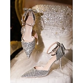 economico Formale-Scarpe da sposa con tacco a spillo e cinturino alla caviglia, con punta affilata e glitter argento, per spose ed eleganti occasioni nuziali