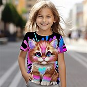tanie 3D zwierzęta dziewczynki-lil kitty by sheena pike dziewczęca koszulka z 3d kotem krótki rękaw lato wiosna moda podstawowa dzieci 4-12 lat okrągły dekolt outdoor casual codzienne regularny krój