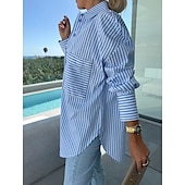 voordelige Dames Strepen &amp; Geometrische Tops-Dames Overhemd Bloemig Stijlvol Casual Lange mouw Overhemdkraag Normale tops Dagelijks Knop Zak Afdrukken Blozend Roze blauw Khaki Zomer Lente