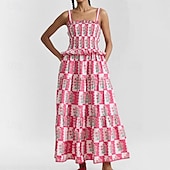 tanie Sukienki boho-Damskie Sukienka midi Sukienka w kwiatki Sukienka Boho Sukienka z nadrukiem Moda Nowoczesny Na zewnątrz Urlop Święto Regularny Kwiat Bez rękawów Cienkie ramiączka Biały Rumiany róż Niebieski Lato