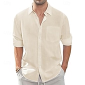 economico Classico-Per uomo Camicia Camicia di lino Camicia casual Camicia con Bottoni Camicia di cotone Semplice Vacanza Camicia hawaiana Bianco Blu marino Azzurro cielo Cachi Manica Lunga Bavero Primavera Autunno