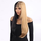 voordelige Synthetische trendy pruiken-Synthetische pruiken Kinky Recht Natuurlijk recht Gelaagd kapsel Met pony Machinegemaakt Pruik 71.1 cm A1 Synthetisch haar Dames Klassiek Comfortabel Kleurgradatie Meerkleurig