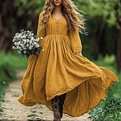 economico Abiti boho-Per donna Abito Midi Abito in cotone e lino Abito Boho Classico Moderno All&#039;aperto Vacanza Quotidiano Vestibilità regolare Semplice Manica Lunga Scollo a V Giallo Estate