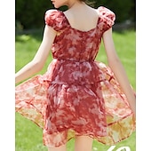 cheap Dresses-Kids Girls&#039; Dress Flower Short Sleeve Outdoor Ruched Fashion Adorable Polyester Knee-length Casual Dress Floral Dress Summer 4 years+ Red
